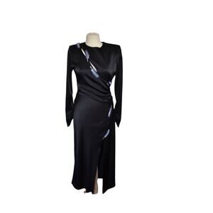 Zara Black  Satin Effect Midi Dress with Jeweled Leaf shaped appliqué Sz. Med